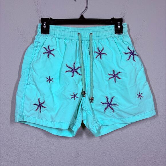 Les Canebiers Mens Small Allover Star Starfish Court Swim Shorts Mint Drawstring - Picture 1 of 8